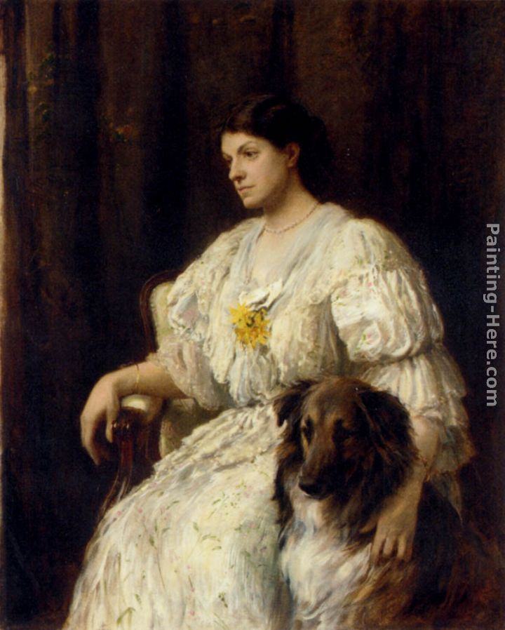Heywood Hardy Portrait of a lady with her collie, seated, three-quarter length